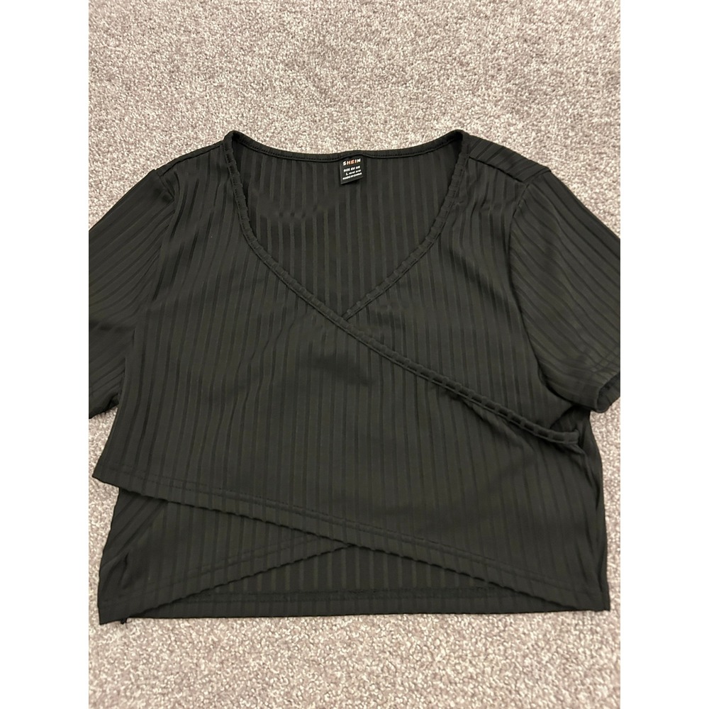 Y2K SHEIN Ribbed Crop Top Womens Large Black Excellent Surplice Wrap Hem V-Neck - Picture 2 of 10